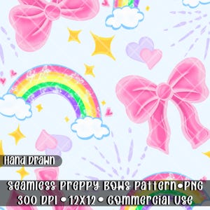 Preppy Bow Seamless Pattern PNG 12x12 300 DPI Pastel Rainbow Pink Digital Paper Commercial Use Sublimation Tumbler Wrap POD