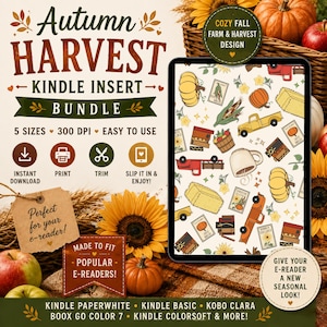 Autumn Kindle Insert Bundle, Fall E-Reader Insert, Vintage Harvest Kindle Decor, Pumpkin Truck Sunflower Bookish Gift, Digital Download
