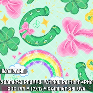 Preppy St Patrick Pink Seamless Pattern PNG 12x12 300 DPI Shamrock Bow Coquette Irish Sublimation Tumbler Wrap Commercial Use