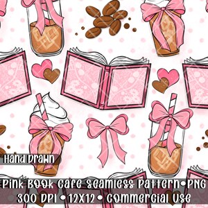 May include: Seamless pattern featuring pink books, coffee drinks with pink bows, coffee beans, and hearts on a white background with pink polka dots. The words "Hand Drawn" are visible. The words "Pink Book Cafe seamless pattern PNG" are also visible.