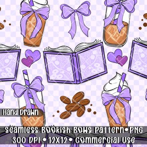 Padrão PNG sem costura para café com temática literária, estética fofa e sedutora de leitora, padrão pastel para sublimação, capas para copos, adesivos, impressão sob demanda.