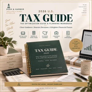 Könnte beinhalten: Ein Steuerleitfaden 2026 und Planungsarbeitsbuch mit dunkelgrünem Einband und goldener Spiralbindung. Auf dem Einband steht der Text Tax Guide 2026, Tax Optimization Guide & Planning Workbook, Federal, State, Business sowie Plan, Calculate, File, Save, Thrive.