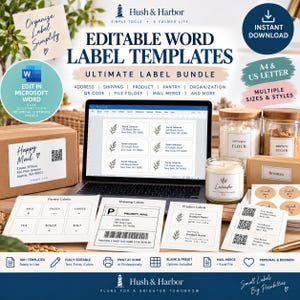 May include: A digital bundle of editable word label templates featuring various styles for address, shipping, pantry, and product organisation. The display includes a laptop showing label designs, printed sheets, and labelled jars on a desk surface.
