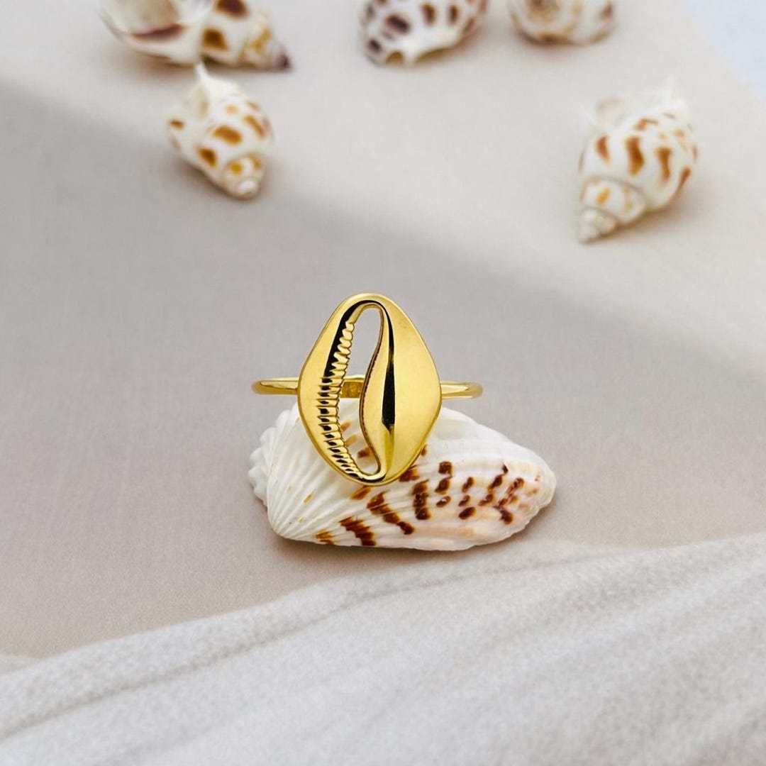Gold Cowrie Shell Ring | Adjustable Brass Boho Jewelry - Etsy