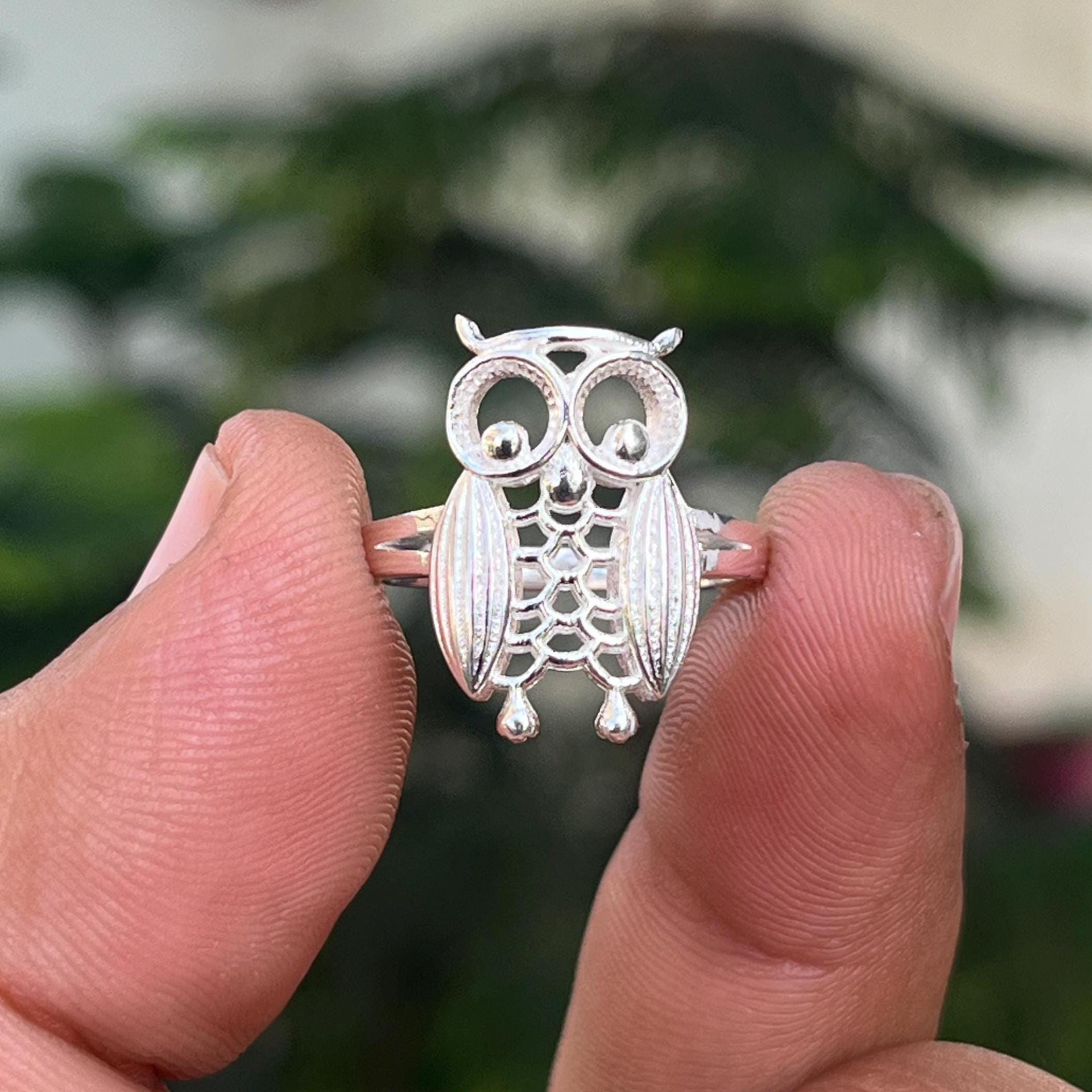 Sterling Silver Owl Ring, Detailed Animal Jewelry, Nature Inspired, Adjustable Band