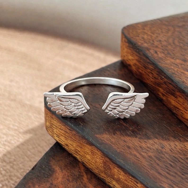 925 Sterling Silver Wings Ring, Angel Feather Ring, Celestial Jewelry, Dainty Handmade Ring, Christmas Gift for Her image 1