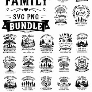 May include: A digital collection of 20 black and white graphic designs for family reunions. The bundle features various illustrations of trees, silhouettes of families, houses, and campers, accompanied by text such as Reunion Family, Cousins Crew, and Family Strong 2026.