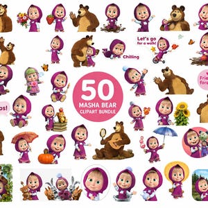 May include: A digital collection of 50 Masha and the Bear clipart images featuring a young girl in a purple headscarf and dress alongside a brown bear in various poses, activities, and expressions, with text elements including Hi, Oops, and Yay.
