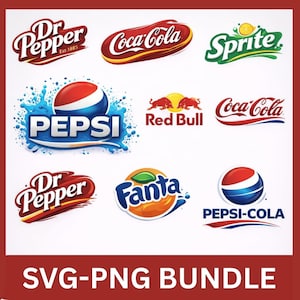 May include: A collection of beverage logos, including Coca-Cola, Dr Pepper, Sprite, Pepsi, Fanta, and Red Bull. The logos are in their signature colors and designs. The text "SVG-PNG BUNDLE" is at the bottom.