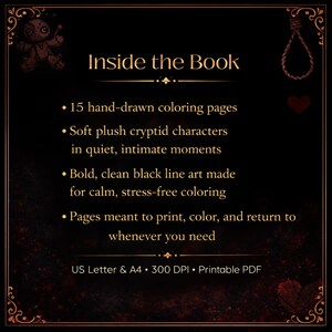 May include: A dark brown graphic with the text "Inside the Book" and bullet points describing the contents: 15 hand-drawn coloring pages, cryptid characters, black line art, and printable pages. Includes "US Letter & A4" and "300 DPI".