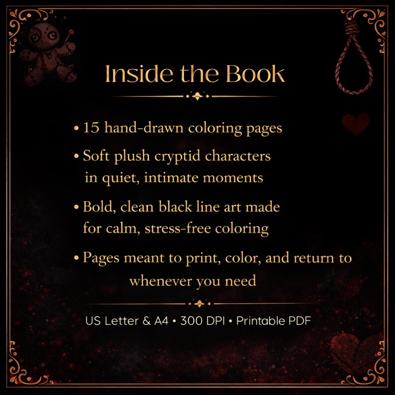 May include: A dark brown graphic with the text "Inside the Book" and bullet points describing the contents: 15 hand-drawn coloring pages, cryptid characters, black line art, and printable pages. Includes "US Letter & A4" and "300 DPI".