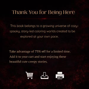 Peut inclure: Fond rouge fonc&eacute; avec le texte "Thank You for Being Here". Le texte d&eacute;crit un livre de coloriage cosy-spooky. Comprend des ic&ocirc;nes de panier, de t&eacute;l&eacute;chargement et d'imprimante.