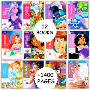 May include: A collection of 12 Disney coloring books featuring various characters including Elsa, Bambi, Stitch, Care Bears, Ariel, Mirabel, Woody, Jasmine, Cinderella, Snow White, and Mrs. Potts, totaling 1400 pages of coloring activities.