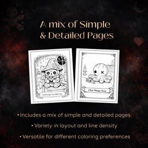 May include: Two black and white coloring pages with cute, spooky illustrations. One features a witchy doll, the other an octopus doll. Text reads "A mix of Simple & Detailed Pages" and "I Put Things Away". Additional text highlights page variety.