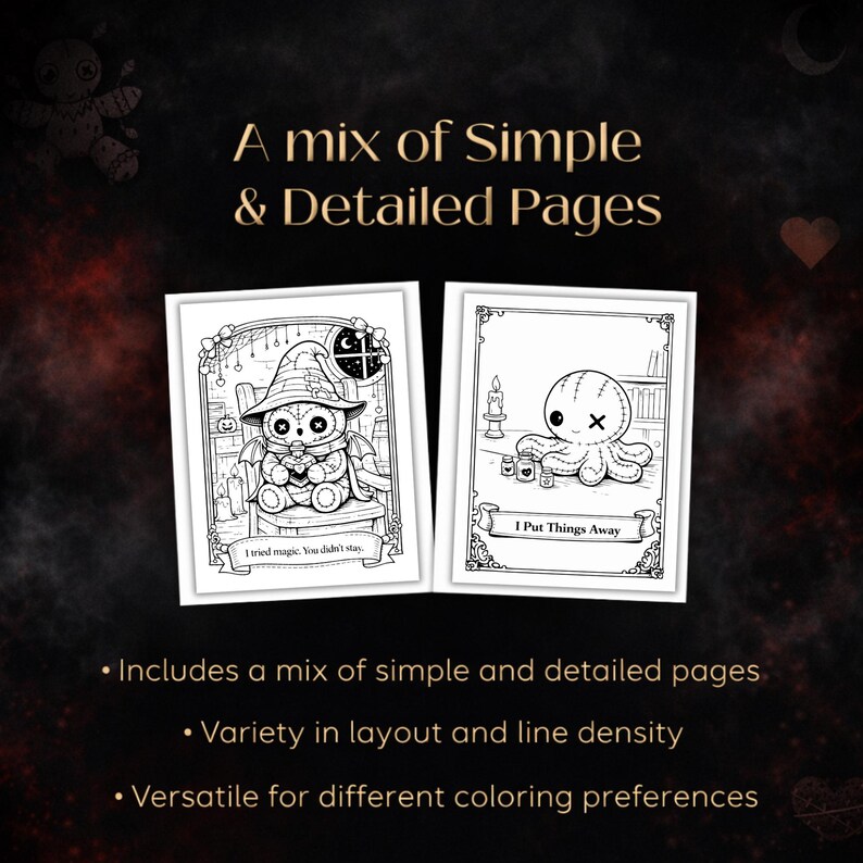 May include: Two black and white coloring pages with cute, spooky illustrations. One features a witchy doll, the other an octopus doll. Text reads "A mix of Simple & Detailed Pages" and "I Put Things Away". Additional text highlights page variety.