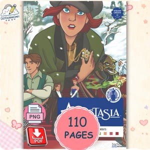 Op de afbeelding: Een digitale kleurboekcover met personages uit de film Anastasia, waaronder een centraal figuur met een gouden hanger, een man in een groen overhemd en een schurk. De tekst luidt Anastasia, 110 PAGES, inclusief PNG- en PDF-pictogrammen.