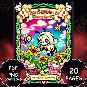 Peut inclure: Illustration num&eacute;rique color&eacute;e intitul&eacute;e "The Garden of Wrong Spring". Elle pr&eacute;sente un personnage en forme d'abeille avec un visage de cr&acirc;ne, des tournesols et le texte "Wrong Nectar". Comprend le texte "PDF + PNG DOWNLOAD" et "20 PAGES."