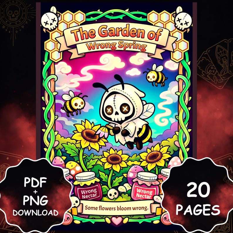 Peut inclure: Illustration num&eacute;rique color&eacute;e intitul&eacute;e "The Garden of Wrong Spring". Elle pr&eacute;sente un personnage en forme d'abeille avec un visage de cr&acirc;ne, des tournesols et le texte "Wrong Nectar". Comprend le texte "PDF + PNG DOWNLOAD" et "20 PAGES."