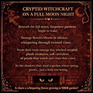 Peut inclure: Affiche d&eacute;corative avec un fond rouge fonc&eacute; et une bordure dor&eacute;e. Le texte dit "CRYPTID WITCHCRAFT ON A FULL MOON NIGHT". L'affiche pr&eacute;sente une cr&eacute;ature en peluche, un croissant de lune et une chemin&eacute;e en briques avec des yeux brillants.