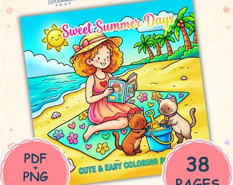 Sweet Summer Days Coloring Book | Bold Easy Line Art, Cozy Beach Scenes (PDF PNG)