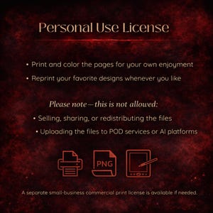 Peut inclure: Image de licence d'utilisation personnelle sur fond bordeaux. Elle d&eacute;taille les utilisations autoris&eacute;es, comme l'impression et la mise en couleur de pages. Des ic&ocirc;nes d'impression, de fichiers PNG et de dessin num&eacute;rique sont incluses.