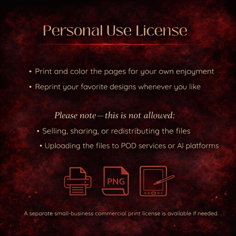 Peut inclure: Image de licence d'utilisation personnelle sur fond bordeaux. Elle d&eacute;taille les utilisations autoris&eacute;es, comme l'impression et la mise en couleur de pages. Des ic&ocirc;nes d'impression, de fichiers PNG et de dessin num&eacute;rique sont incluses.
