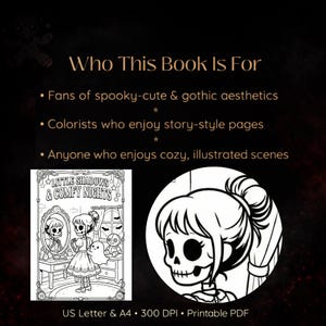 May include: A black and white illustration of a coloring book page with the text "Little Shadows & Comfy Nights". The image includes a skeleton girl in a dress, a mirror, and a ghost. The text "Who This Book Is For" is at the top.