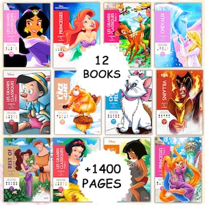 Könnte beinhalten: Eine Sammlung von 12 Disney-Malbüchern mit verschiedenen Charakteren wie Jasmin, Ariel, Bambi, Pinocchio, Scrat, Marie, Jafar, Herkules, Megara, Schneewittchen, Mogli und Rapunzel, insgesamt 1400 Seiten mit farbenfrohen illustrierten Einbänden.