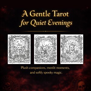 Peut inclure: Un Gentle Tarot pour des soir&eacute;es tranquilles. Trois illustrations en noir et blanc avec des cr&eacute;atures fantaisistes et du texte. Les illustrations incluent un chat, une chauve-souris et un lapin.