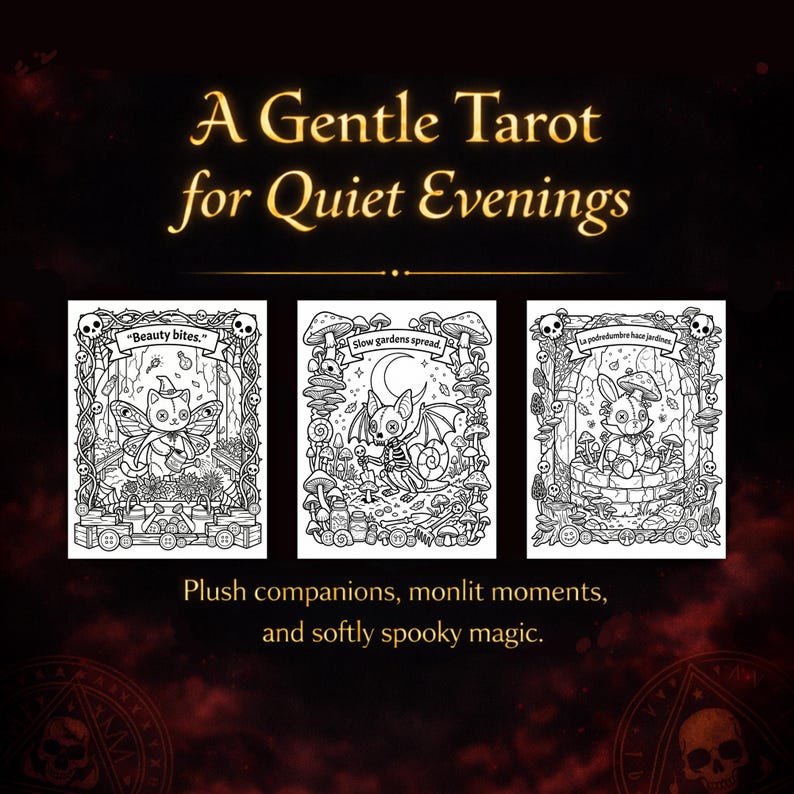 Peut inclure: Un Gentle Tarot pour des soir&eacute;es tranquilles. Trois illustrations en noir et blanc avec des cr&eacute;atures fantaisistes et du texte. Les illustrations incluent un chat, une chauve-souris et un lapin.