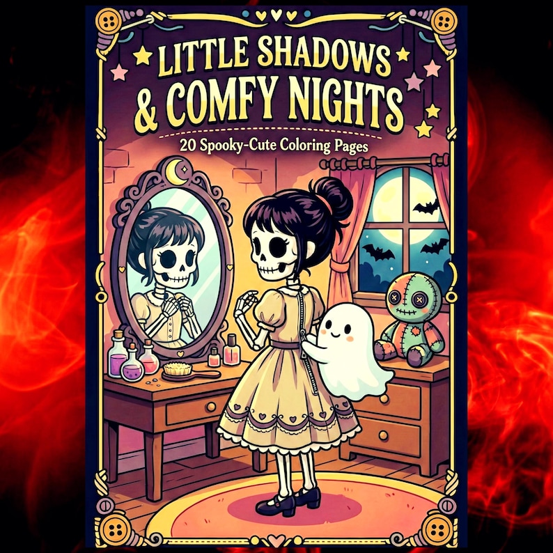 May include: A coloring book cover with the title "Little Shadows & Comfy Nights" and the subtitle "20 Spooky-Cute Coloring Pages." The illustration features a skeleton girl in a yellow dress, a ghost, and a voodoo doll.