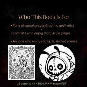Peut inclure: Livre de coloriage PDF imprimable en noir et blanc avec le texte "Who This Book Is For". Le livre pr&eacute;sente une illustration d'abeille effrayante et mignonne avec le texte "The nectar is wrong." Comprend &eacute;galement une illustration ronde d'un cr&acirc;ne &agrave; capuche.