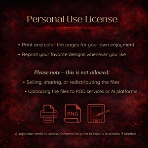 May include: A digital document with the text "Personal Use License" on a dark red background. The license details printing, coloring, and reprinting designs. It prohibits selling, sharing, or uploading files to POD services or AI platforms. Includes PNG file icon.