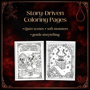 May include: Two black and white coloring pages with gothic themes. One features a skeleton looking in a mirror, the other a skeleton in a chimney. Text reads "Story-Driven Coloring Pages" and "Little Shadows & Comfy Nights."