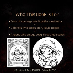 May include: Black and white coloring book cover with the title "Soft Monsters & Broken Feelings." The image features a hooded character with bat wings, holding a heart-shaped envelope. Text on the cover reads "I wrote it hoping you would stay."