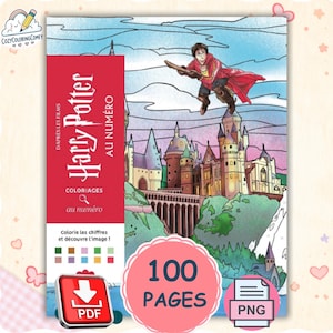 Peut inclure: Un livre de coloriage par numéros Harry Potter illustrant un personnage volant sur un balai au-dessus d'un château. La couverture porte le texte Harry Potter, Coloriages au numéro et 100 PAGES. Il présente une palette de couleurs et des icônes PDF et PNG.