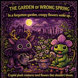 Peut inclure: Illustration fantaisiste avec le texte "THE GARDEN OF WRONG SPRING." Une cr&eacute;ature violette en forme de chauve-souris avec des bois arrose des fleurs &agrave; c&ocirc;t&eacute; d'une fleur-grenouille verte. Le texte dit "In a forgotten garden, creepy flowers woke up..." et "Cryptid plush creatures tend flowers that shouldn't bloom."