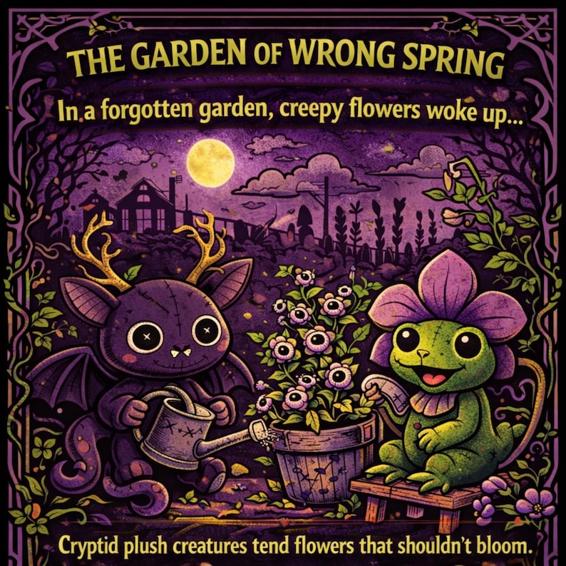 Peut inclure: Illustration fantaisiste avec le texte "THE GARDEN OF WRONG SPRING." Une cr&eacute;ature violette en forme de chauve-souris avec des bois arrose des fleurs &agrave; c&ocirc;t&eacute; d'une fleur-grenouille verte. Le texte dit "In a forgotten garden, creepy flowers woke up..." et "Cryptid plush creatures tend flowers that shouldn't bloom."