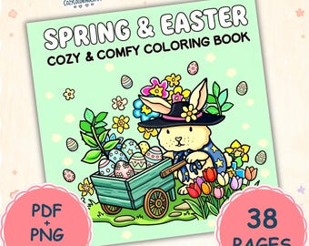 Spring Easter Coloring Book – 38 Bold Pages, Bunny, Flowers (PDF PNG Download)