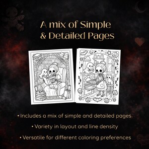 May include: Two black and white coloring book pages with skeleton characters. One reads a book, the other bakes. Text reads "A mix of Simple & Detailed Pages" and bullet points: "Includes a mix of simple and detailed pages", "Variety in layout and line density", and "Versatile for different coloring preferences."