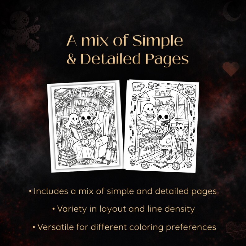May include: Two black and white coloring book pages with skeleton characters. One reads a book, the other bakes. Text reads "A mix of Simple & Detailed Pages" and bullet points: "Includes a mix of simple and detailed pages", "Variety in layout and line density", and "Versatile for different coloring preferences."