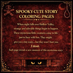 May include: A dark red coloring book cover with the text "SPOOKY-CUTE STORY COLORING PAGES." The text is surrounded by decorative elements, including a voodoo doll, a crescent moon, and hearts. The text describes a mysterious story.