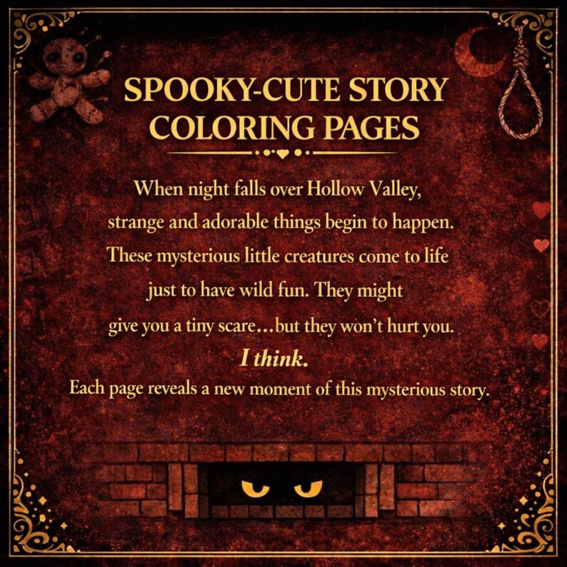 May include: A dark red coloring book cover with the text "SPOOKY-CUTE STORY COLORING PAGES." The text is surrounded by decorative elements, including a voodoo doll, a crescent moon, and hearts. The text describes a mysterious story.