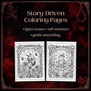 Peut inclure: Deux pages de coloriage gothiques en noir et blanc. L'une repr&eacute;sente un personnage ressemblant &agrave; une abeille avec le texte "The nectar is wrong". L'autre montre une figure ressemblant &agrave; une grenouille avec le texte "Bloom where fear grows".