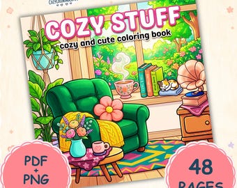 Cozy Stuff Coloring Book – 48 Bold Easy Pages, Objects (PDF PNG Download)