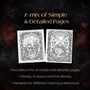 Peut inclure: Deux pages de livre de coloriage en noir et blanc avec des illustrations d&eacute;taill&eacute;es. L'une repr&eacute;sente une grenouille et des fleurs, l'autre un h&eacute;risson et des cactus. Le texte indique "A mix of Simple & Detailed Pages".