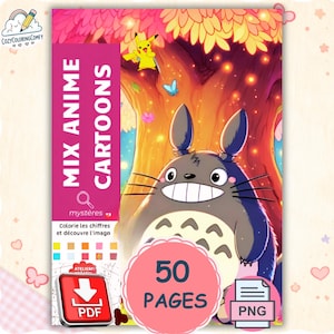 Può includere: Una copertina di un libro da colorare digitale intitolata MIX ANIME CARTOONS che mostra una grande creatura grigia con la pancia bianca, un personaggio giallo e un albero. La copertina include un cerchio rosa con il testo 50 PAGES, un'icona PDF e un'icona PNG.