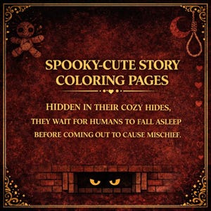 Peut inclure: Image rouge fonc&eacute; avec des bordures dor&eacute;es et le texte "Spooky-Cute Story Coloring Pages". L'image pr&eacute;sente une poup&eacute;e vaudou, un n&oelig;ud coulant et une chemin&eacute;e avec des yeux brillants, pour une ambiance effrayante.