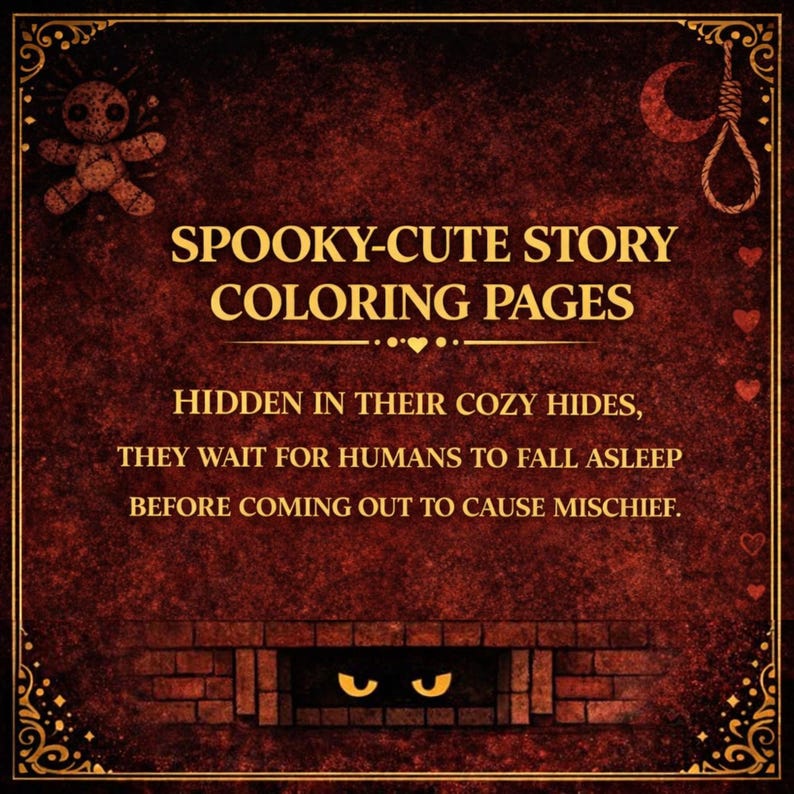 Peut inclure: Image rouge fonc&eacute; avec des bordures dor&eacute;es et le texte "Spooky-Cute Story Coloring Pages". L'image pr&eacute;sente une poup&eacute;e vaudou, un n&oelig;ud coulant et une chemin&eacute;e avec des yeux brillants, pour une ambiance effrayante.