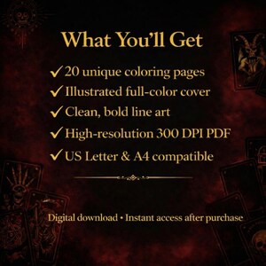 May include: A digital download advertisement with a dark red and gold color scheme. The text "What You'll Get" is at the top, followed by bullet points listing features like 20 unique coloring pages, a full-color cover, and high-resolution PDF. The bottom text reads "Digital download &bull; Instant access after purchase."